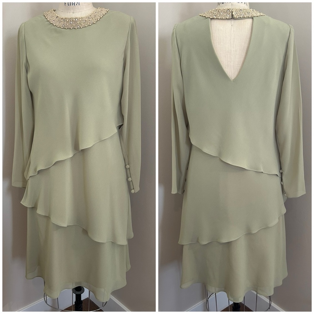 VTG 90s Celadon Beaded Julian Wilder Long Sleeved Dress Tiered Chiffon 20s Sz 10